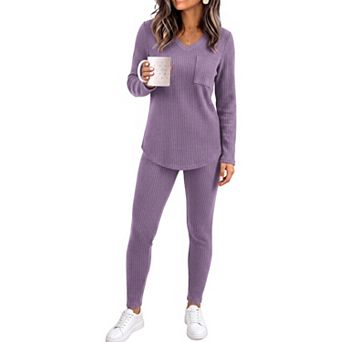 Womens 2 pc Lounge Sets V Neck Long Sleeve Top and Fitted Pants Fall Pajamas