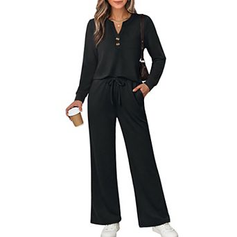 2 pc Womens Lounge Sets V Neck Wide Leg Pants Fall Travel Outfits