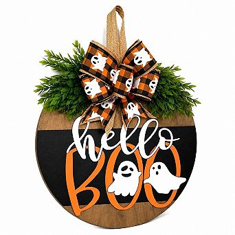 Halloween Ghost Wreath Wooden Door Sign Front Porch Hanger Decoration