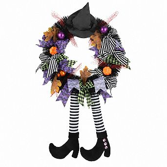 Halloween Witch Wreath with Hat Pumpkins Artificial Berries Front Door Decor