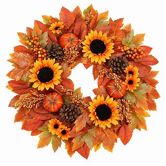 Artificial Fall Wreath with Pumpkins Pine Cones for Front Door Thanksgiving Decor