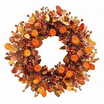 Fall Wreath Pumpkin Eucalyptus Leaves Berries Front Door Decor