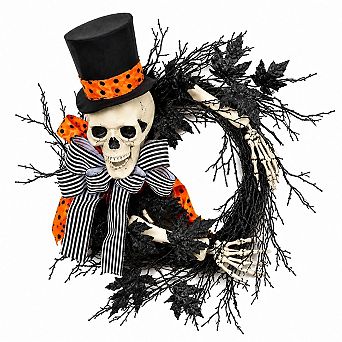 Halloween Skull Wreath Glitter Door Decor with Top Hat and Bow