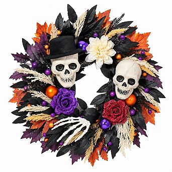 2 pc Gothic Wreath Front Door Skull Witch Hat Skeleton Hand