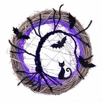 Halloween Lighted Wreath with Bat and Cat 45 LED Purple Lights Front Door Decor