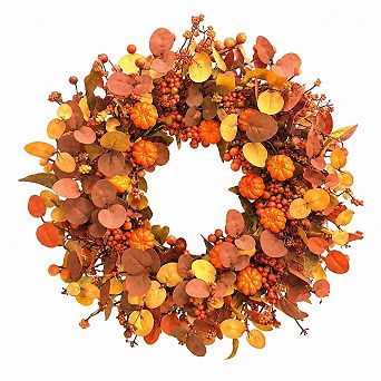 Artificial Fall Wreath Pumpkin Eucalyptus Berries Front Door Decor