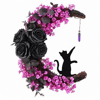 Halloween Lighted Wreath Front Door Cat Moon Purple LED Decor