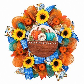 Fall Wreath for Front Door with Hello Pumpkin Sign 20inch