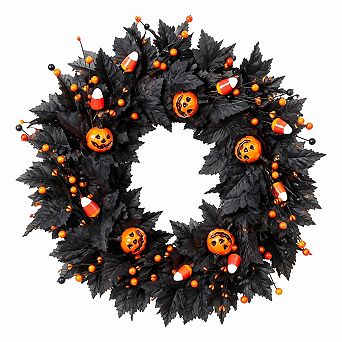 Halloween Pumpkin Wreath with Ghost Berries Maple Leaves Front Door Wall Decor
