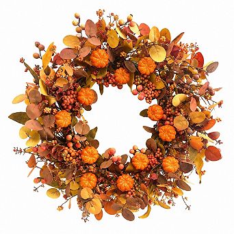 Fall Wreath Artificial Pumpkin Eucalyptus Berries Front Door Thanksgiving