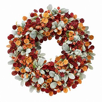 Fall Front Door Wreath with Lambs Ear Eucalyptus Pumpkin Harvest Decor