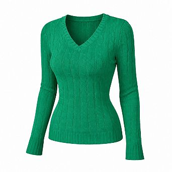 Womens Cable Knit V Neck Long Sleeve Slim Fit Pullover Sweater