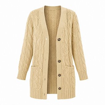 Womens Long Sleeve Cable Knit Button Down Cardigan Sweater with Pockets