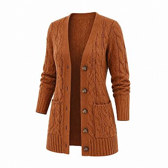 Womens Long Sleeve Cable Knit Button Down Cardigan Sweater with Pockets