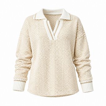 Womens V Neck Lapel Knit Color Block Pullover Sweater