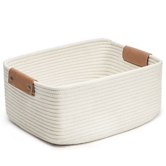 White Woven Cotton Rope Storage Basket With Leather Handles For Towels Books Living Room Bathroom