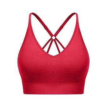 Womens Strappy Back V-Neck Seamless Yoga Sports Bra