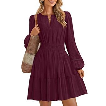Womens Fall Long Sleeve V Neck Flowy Mini Dress