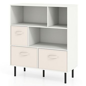 3 tier Bookshelf with Fabric Drawers and Open Storage Cubes for Living Room