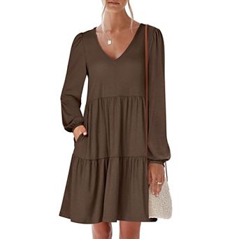 Womens Fall Long Sleeve V Neck Casual Dress