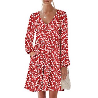 Womens Fall Long Sleeve V Neck Casual Dress