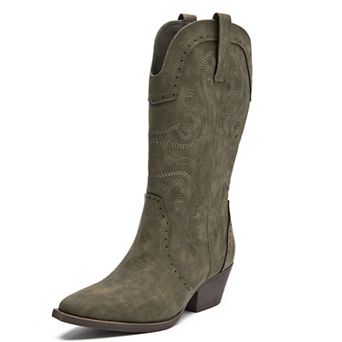 Women Western Cowboy Boots Mid Chunky Heel Snip Toe