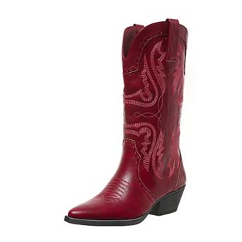 Women Western Cowboy Boots Mid Chunky Heel Snip Toe