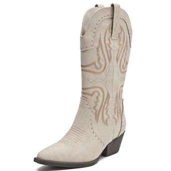 Women Western Cowboy Boots Mid Chunky Heel Snip Toe