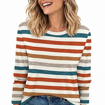 Womens Long Sleeve Ribbed Crewneck Tops Casual Fall Fashion Blouses