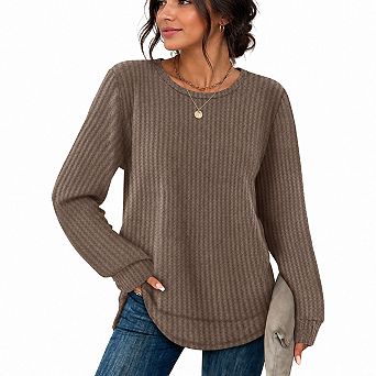 Womens Waffle Knit Long Sleeve Tunic Tops Curved Hem