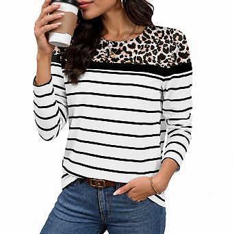 Women Striped Long Sleeve Stretch Crew Neck Casual Tops