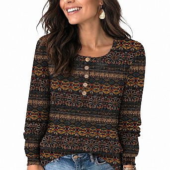 Womens Lightweight Knit Henley Tunic Tops Casual Fall Crewneck Lantern Sleeve Shirts