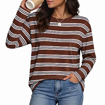 Womens Oversized Striped Long Sleeve Crew Neck Casual Tops