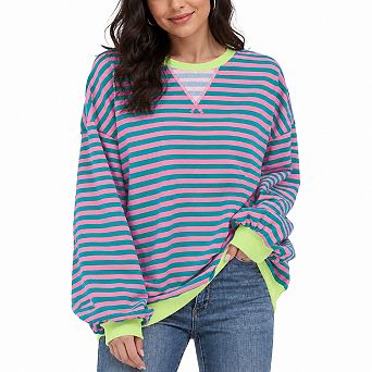 Oversized Striped Crew Neck Sweatshirt Soft Comfortable Long Sleeve Top