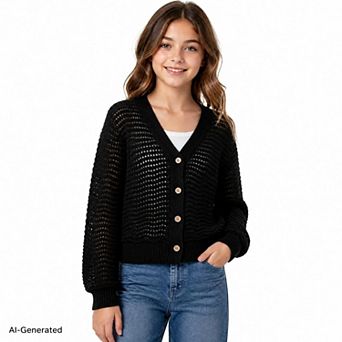 Girls Cropped Cardigan V Neck Button Front Long Sleeve Hollow Knit Top For Spring Fall Layering Wear