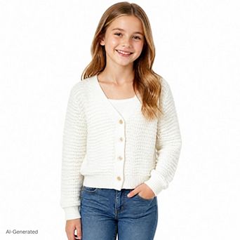 Girls Cropped Cardigan V Neck Button Front Long Sleeve Hollow Knit Top For Spring Fall Layering Wear