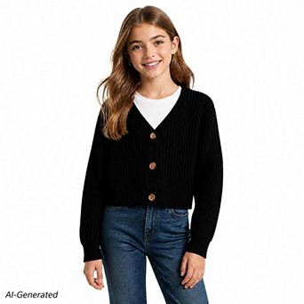 Girls Cropped Cardigan V Neck Button Front Long Sleeve Casual Top For Fall Winter Daily Wear