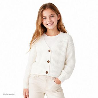 Girls Cropped Cardigan V Neck Button Front Long Sleeve Casual Top For Fall Winter Daily Wear
