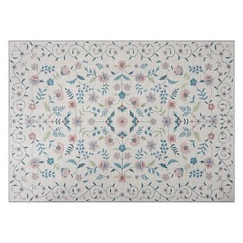 Modern Floral Area Rug with Non-Slip Washable Backing Low Pile Foldable Plush Faux Sheep Velvet
