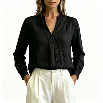 Women's v Neck Linen Blend Blouse, Stand Collar Pleated Front Long Sleeve Casual Shirt