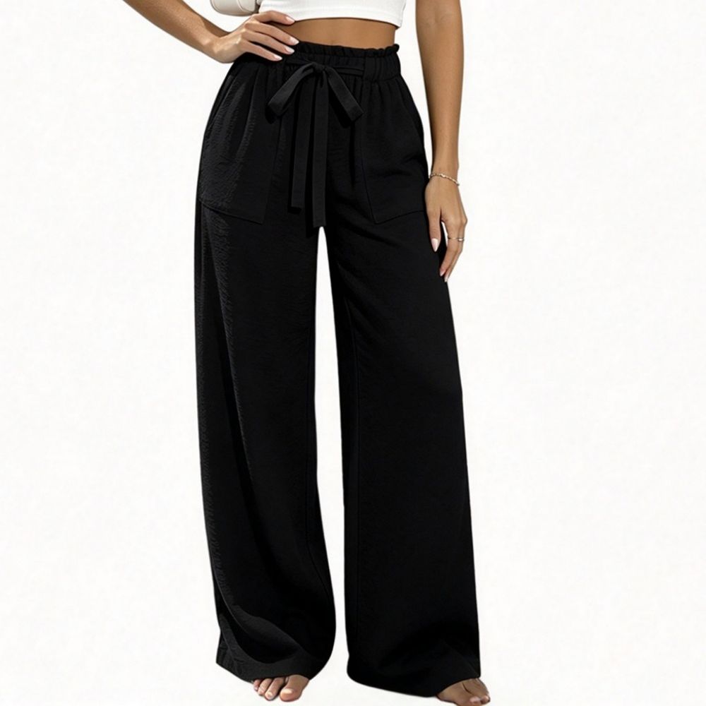 Women's Palazzo Wide Leg Work Dress Pants Elastic High Waist Tie Front ...