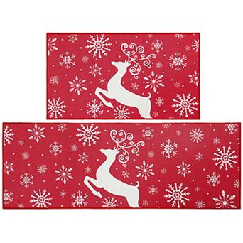 Water Washable Snowflake Deer Kitchen Mat Set 2 pc Floor Carpet