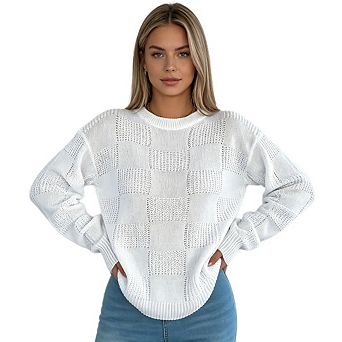Women's Solid Color Plaid Long Sleeve Pullover Sweater