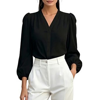 Valossie Women's Lantern Long Sleeve Ruched v Neck Blouse Business Work Button Down Casual Shirts