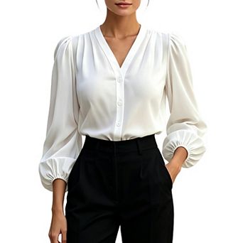 Valossie Women's Lantern Long Sleeve Ruched v Neck Blouse Business Work Button Down Casual Shirts