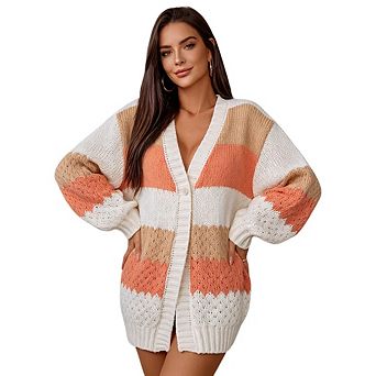 Women's Casual Loose Fit Knit Cardigan with Lantern Sleeves and Color Block Stripes