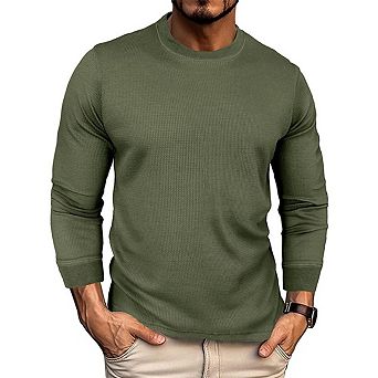 Mens Waffle Crew Neck Shirt Long Sleeve Curved Hem Top For Casual Daily Layering Wear
