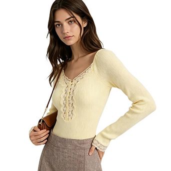 Women's Lace Trim Crew Neck Button Front Cut Out Knit Cropped Long Sleeve T Shirt