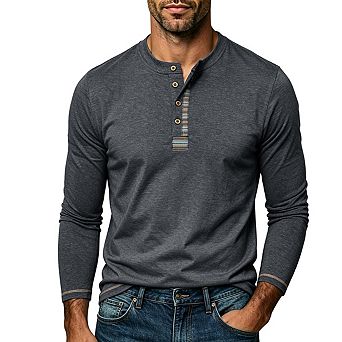 Mens Henley Long Sleeve Shirt Curved Hem Striped Placket Top For Casual Daily Wear