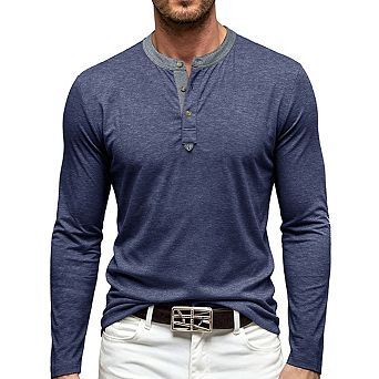 Mens Henley Long Sleeve Shirt Contrast Collar Three Button Top For Casual Daily Wear